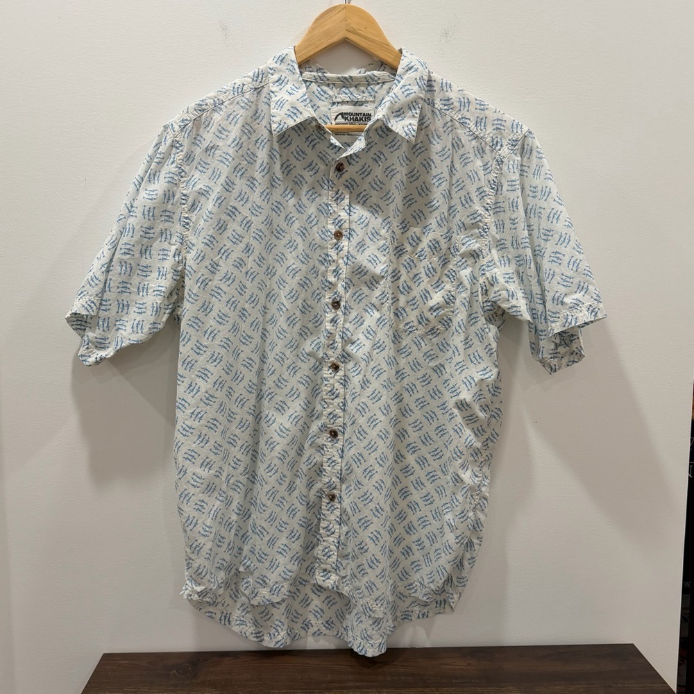 Mountain Khakis large White Blue Cotton short sleeve Shirt Jackson hole like new